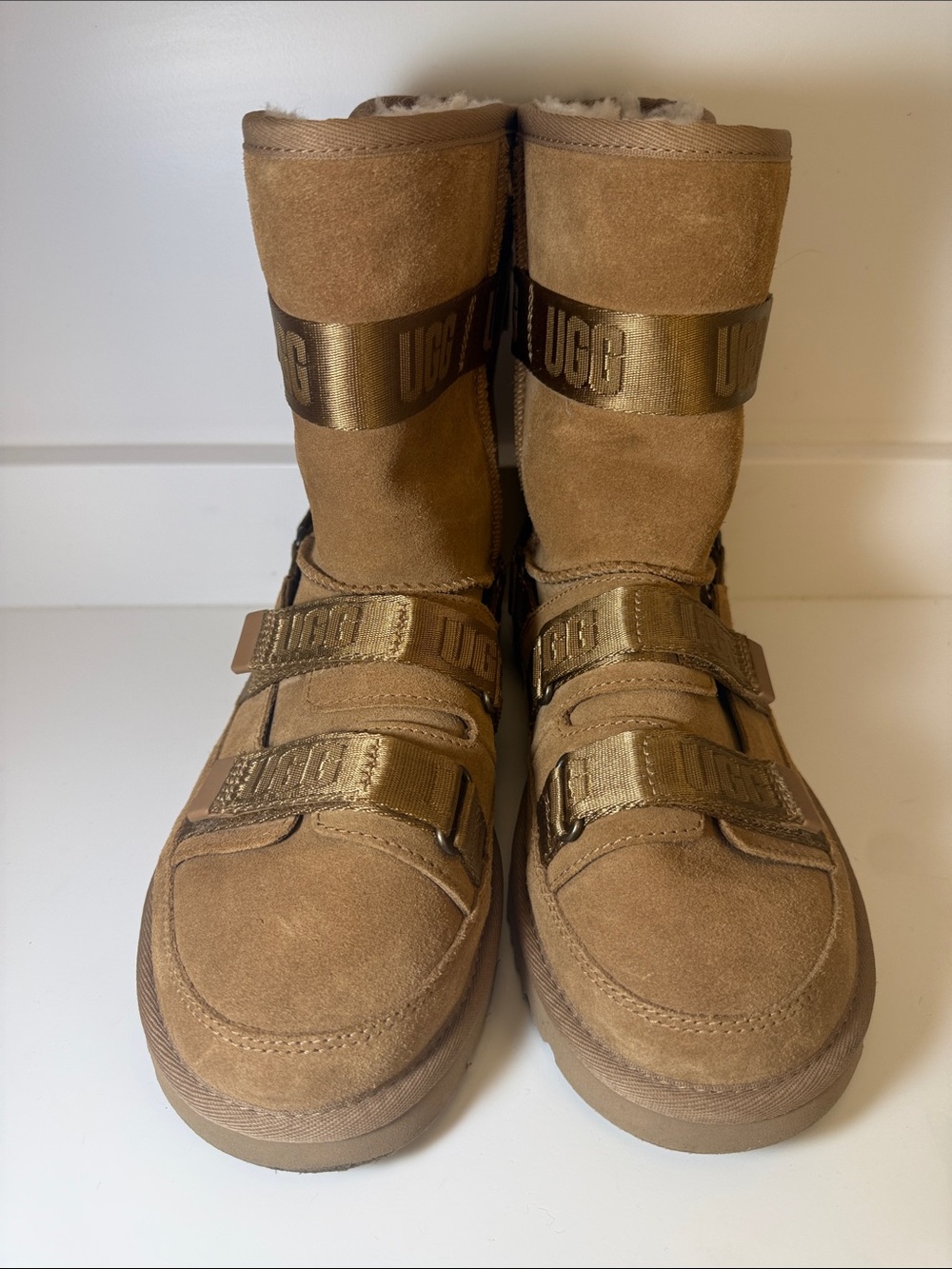 UGG Classic Short Hybrid Chestnut Suede Boots with  Logo Straps - Size 8